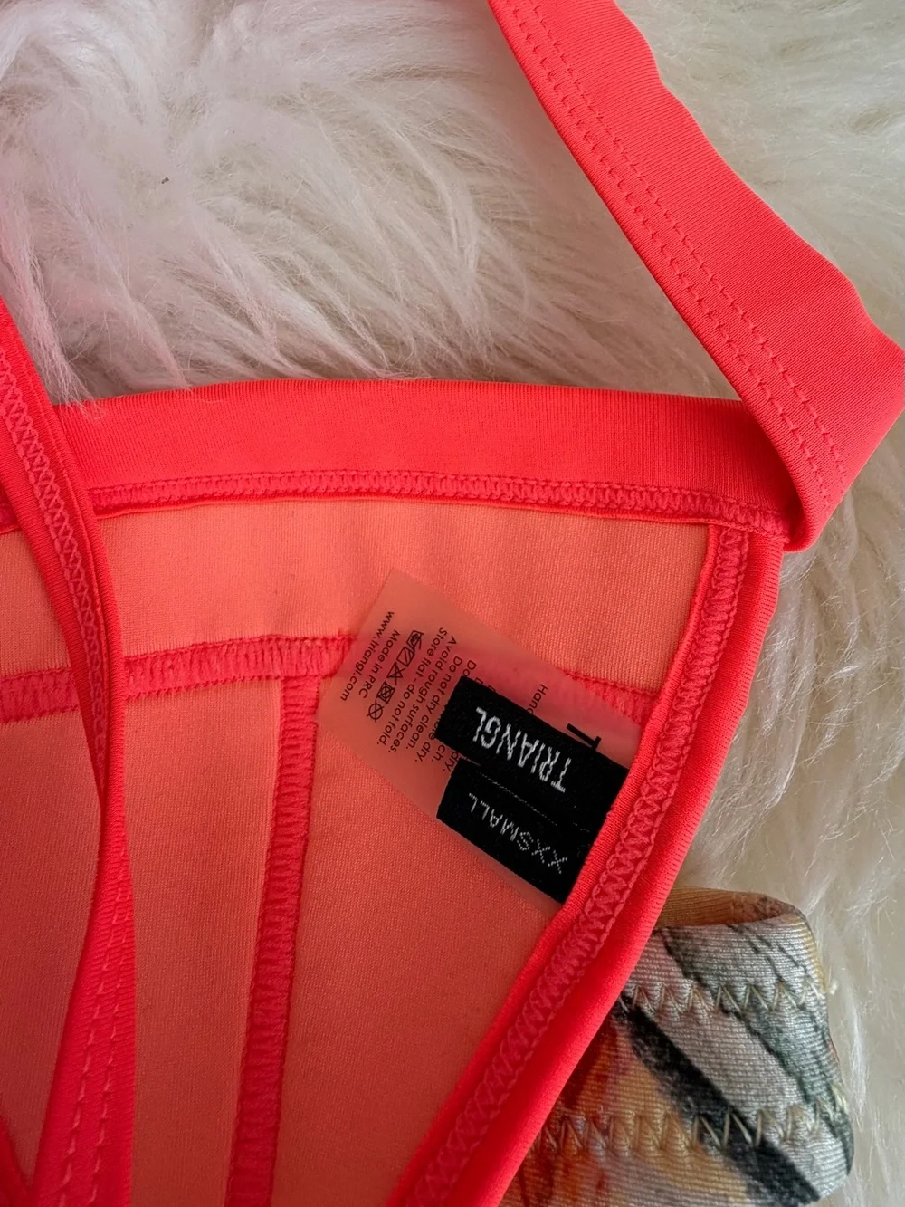 triangl swimwear Neon Coral Triangle Bikini Top with Floral Cream Bottoms